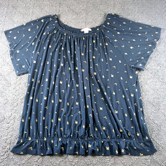 Lascana For Venus Tops - Women's Size 3X  Navy Blue Floral Smocked Hem Top Plus Short Sleeve